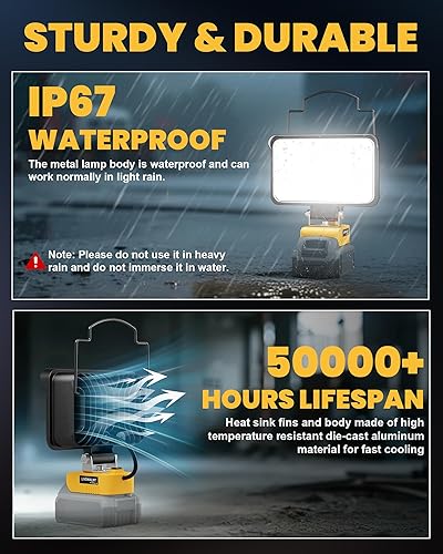 Miniatura 5 de LIVOWALNY Luz LED inalámbrica para Dewalt Light 20V Max LED luz de trabajo, 68W 6800LM 5" 20V batería luz LED luz de trabajo linternas con USB y