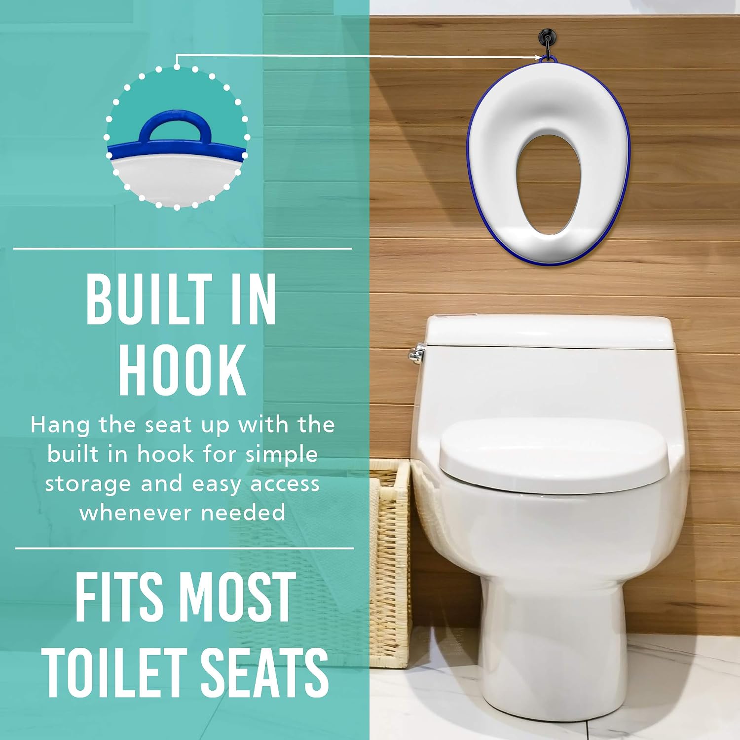 Blue Potty Training Seat - Non Skid Safety Grip, Splash Guard, Easy Wipe Clean, Hanging Storage Loop - Fits Oval and Rounds Toilets - for Baby and Toddler Boys Girls - by Ratiky (Blue Potty Seat)