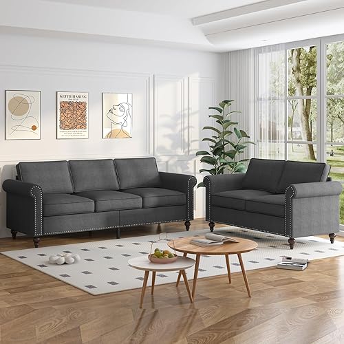 PUREMIND 2 PCS Living Room Sofa Set, Solid Wood Legs- Linen Modern Living Room Furniture 3 Seater Sofa and Loveseat Sets, 3 Seat Couch + Love Seat Couch Set for Livingroom, Apartment, Office
