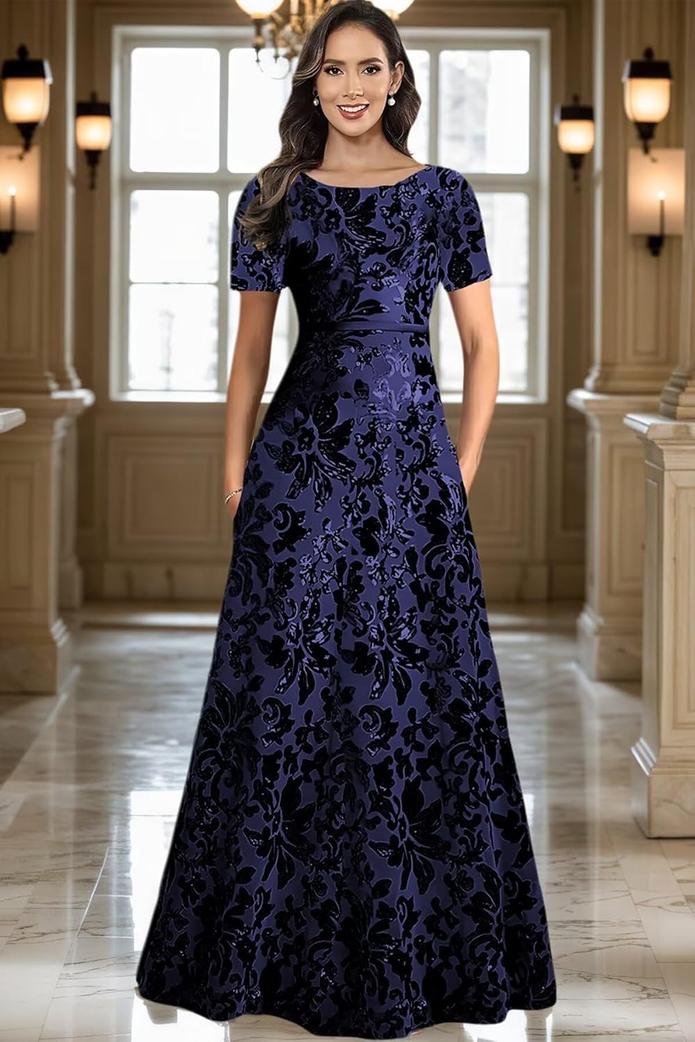 Quoriae Long Formal Dresses Evening Gown for Women Short Sleeve Sequin Mother of Bride Dress with Pockets