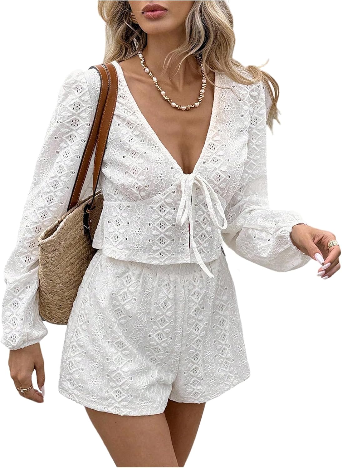 SOLY HUX Women's Clothing Set Deep V Neck Tie Front Long Sleeve Crop Top and Shorts Vacation Resort Outfits 2 Piece