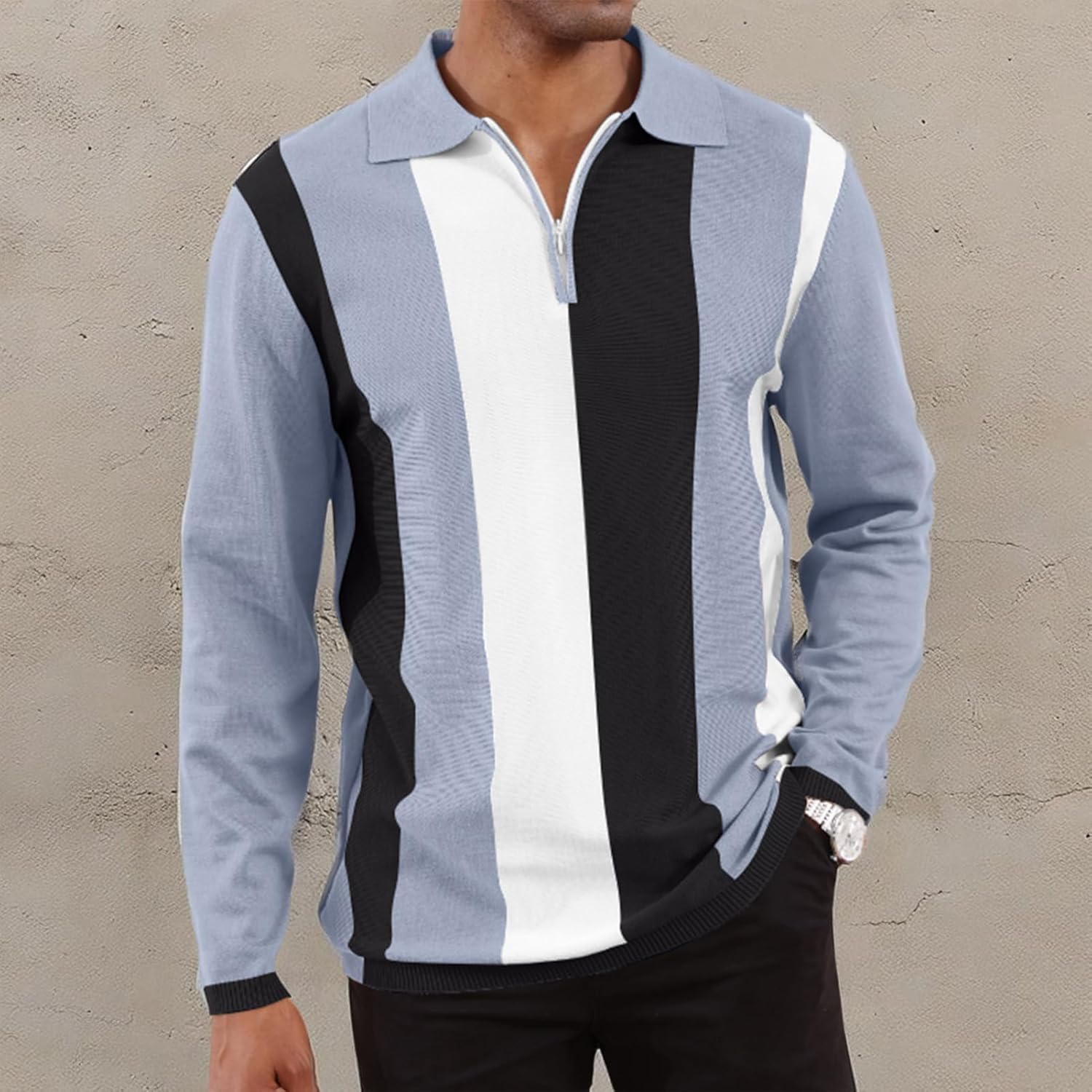 Men's Fashion Polo Shirts Vintage Striped Knitting Shirts Casual Slim Fit Golf Shirts - Image 2