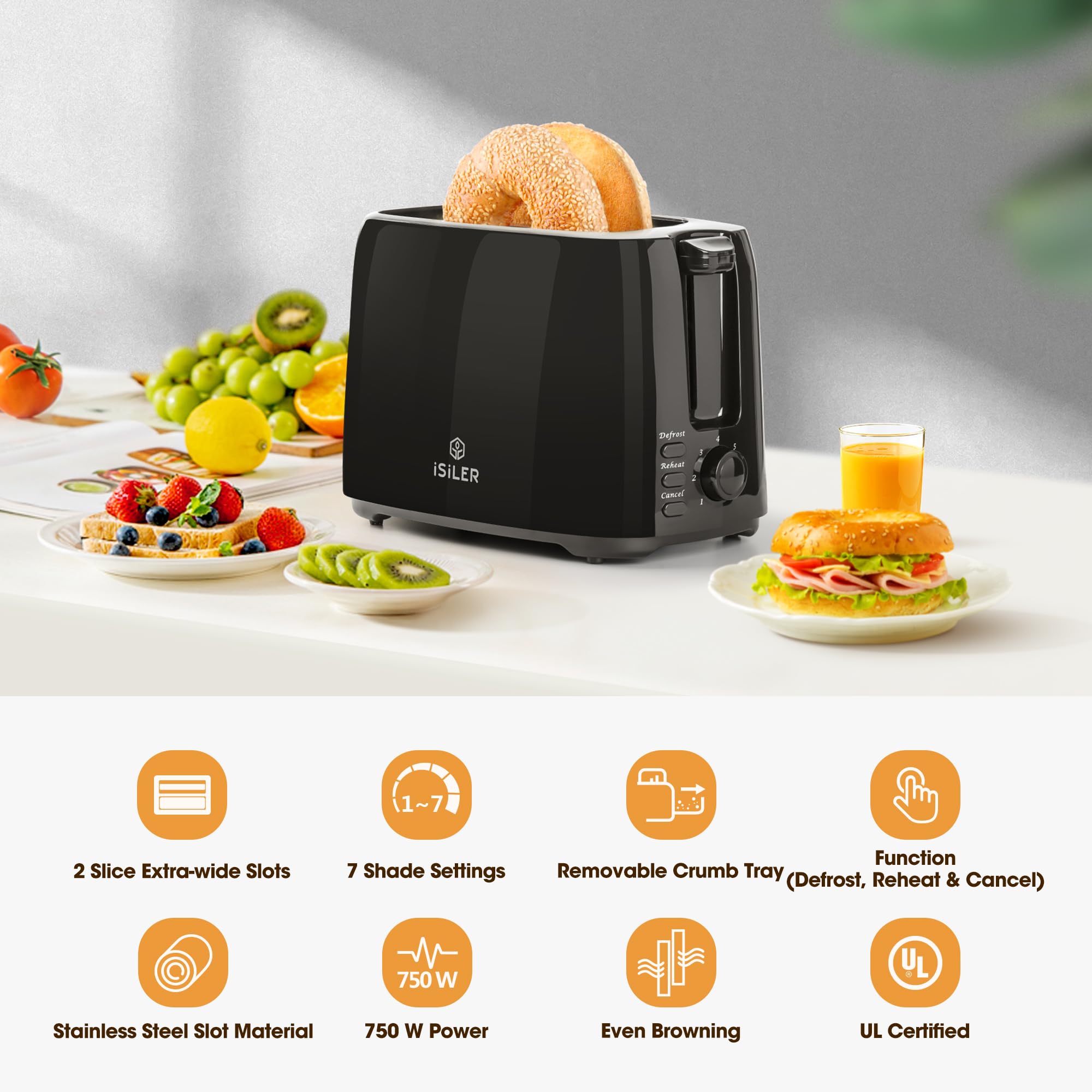 iSiLER 2 Slice Toaster, 1.3 Inches Wide Slot Bagel Toaster with 7 Shade Settings and Double Side Baking, Compact Bread Toaster with Removable Crumb Tray, Defrost Cancel Function Black