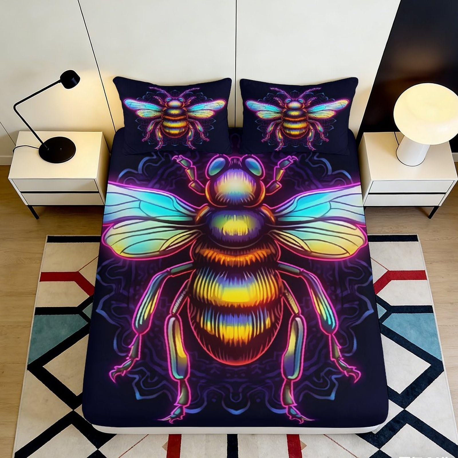 3D Printed Neon Bee Fitted Sheet Microfiber Soft Breathable Psychedelic Insect Mattress Cover for Bedroom Decor 120x200x25cm