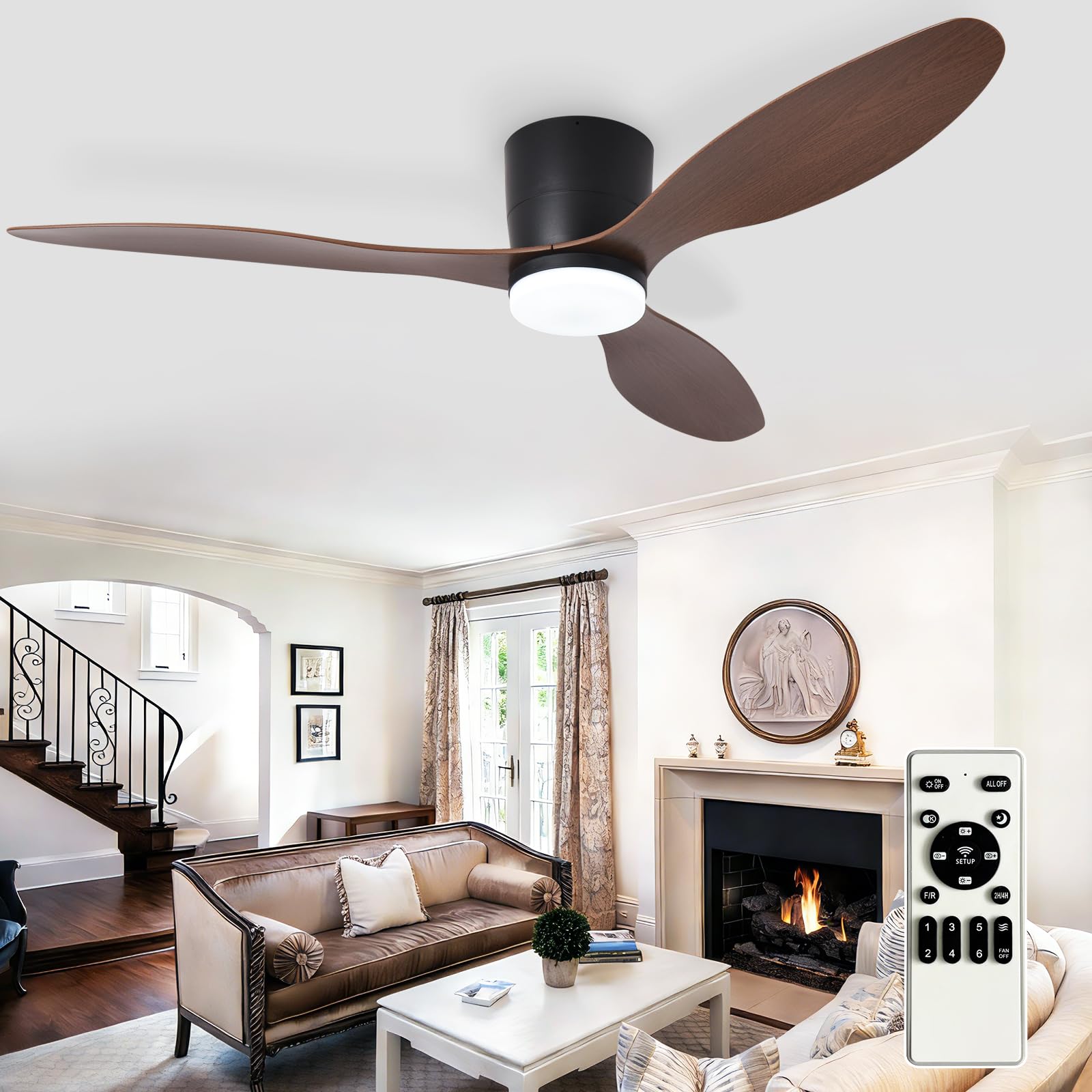 Depuley Flush Mount Ceiling Fan: 52-Inch Black Ceiling Fans with Lights for Bedroom Indoor Outdoor - Low Profile Ceiling Fans with Remote Control 24W 3CCT Dimmable 3 Reversible Walnut Blades 6 Speeds