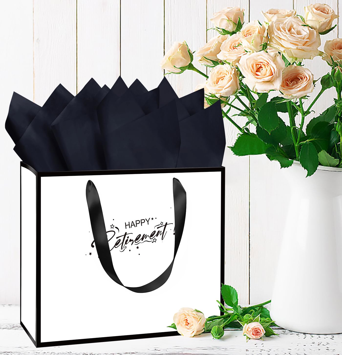 MUNILAIL 13 Inches Retirement Gift Bag Large White and Black Gift Bag with Handle Tissue Paper and Greeting Card for Women Men Retirement Going Away Farewell Party Large Paper Gift Bag