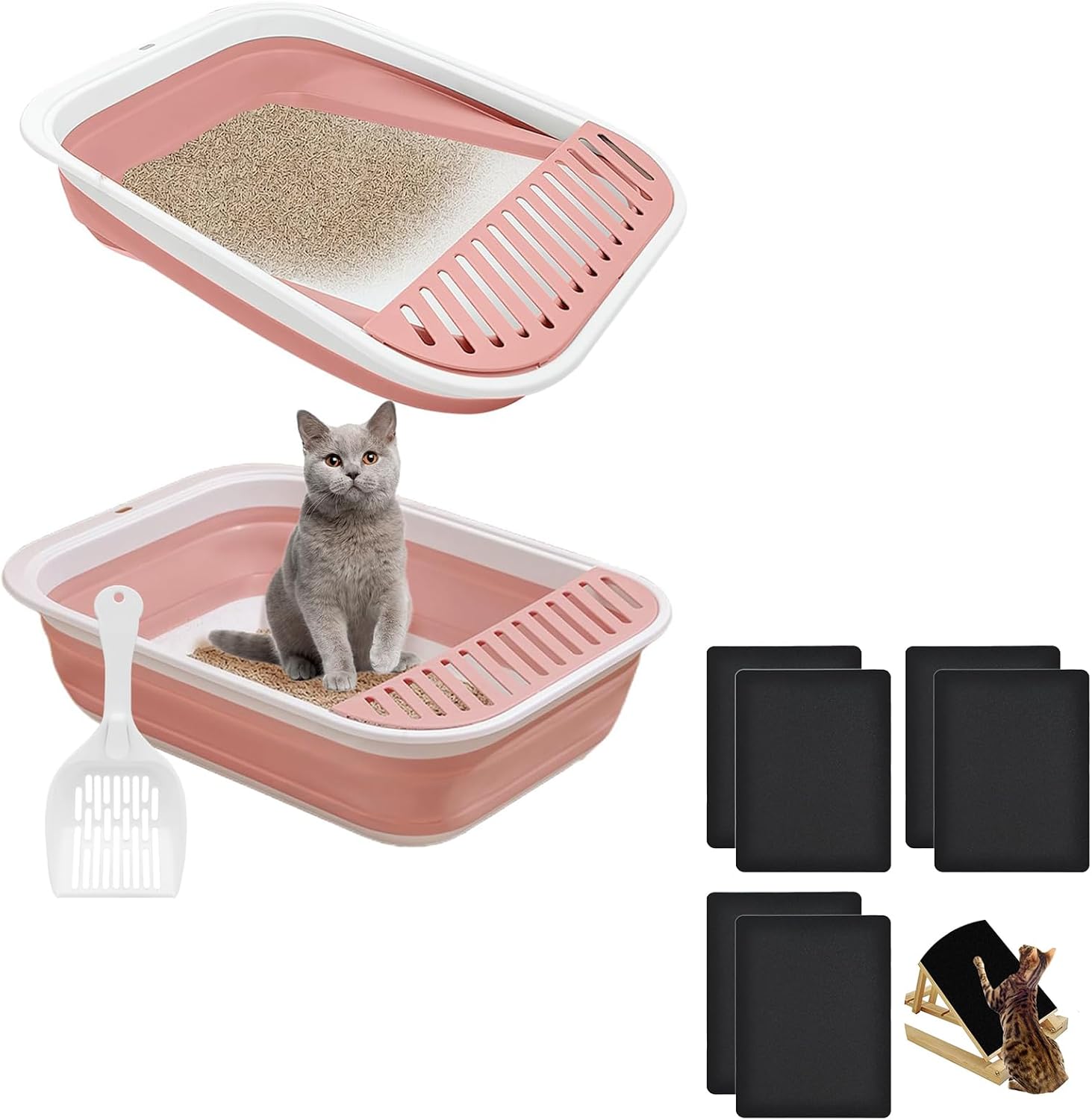 BNOSDM 17.7"×13.4"Foldable Small Cat Litter Box for Kittens Potty Pan Collapsible Cat Toilet with Scoop and 6 Pack Cat Nail File Scratcher Replaceable Stickyback Sandpaper for Scratching Board Bundle