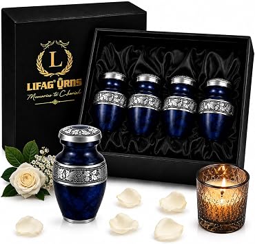 Blue Mini Urns for Human Ashes Set of 4 with Velvet Case & Funnel | Handcrafted Marble Finish Metallic Blue Small Urns for Human Ashes Keepsake | Funeral Cremation Urns for Women & Men, 3 Inches