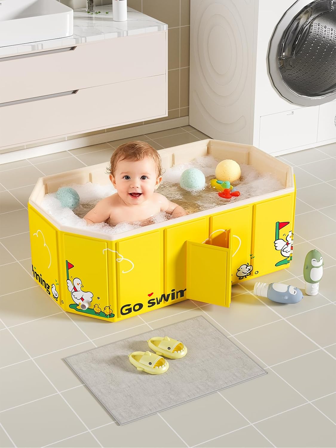VBABY Collapsible Baby Bathtub, Portable Toddler Bathtub with 2 Drain Holes, Foldable Baby Tubs for Infants to Toddler, Travel Baby Tubs, Easy to Clean, Yellow