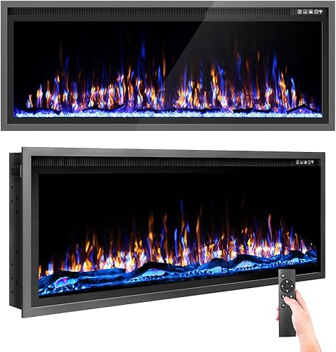 Miniatura 6 de Chimenea eléctrica de 50 pulgadas, marco de aluminio, chimenea empotradamontaje en pared, tronco, madera flotante y opción de cristal, chimenea