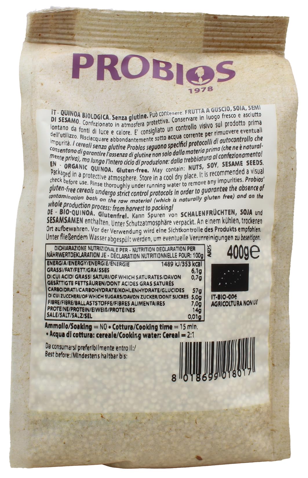 Probios Quinoa Bio senza Glutine - Confezione da 6 x 400 g