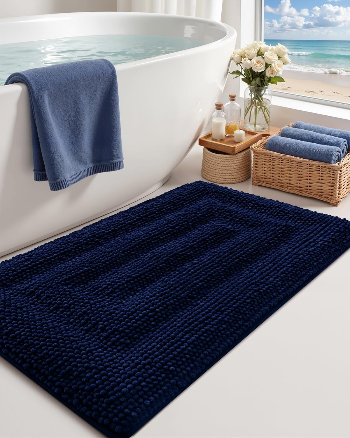 Color&Geometry 24x16 Ultra Soft Chenille Blue Bathroom Rugs, Non-Slip Bath Mat with Elastic Fabric Backing, Super Absorbent and Washable Shower Mats for Inside Shower,Tub,Bathroom, Navy Blue