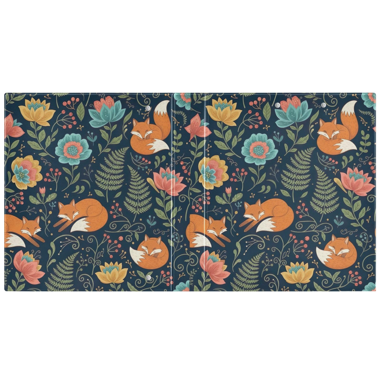 Raccoglitore a 3 anelli, vintage, motivo floreale, volpe, blu navy, confezione da 2