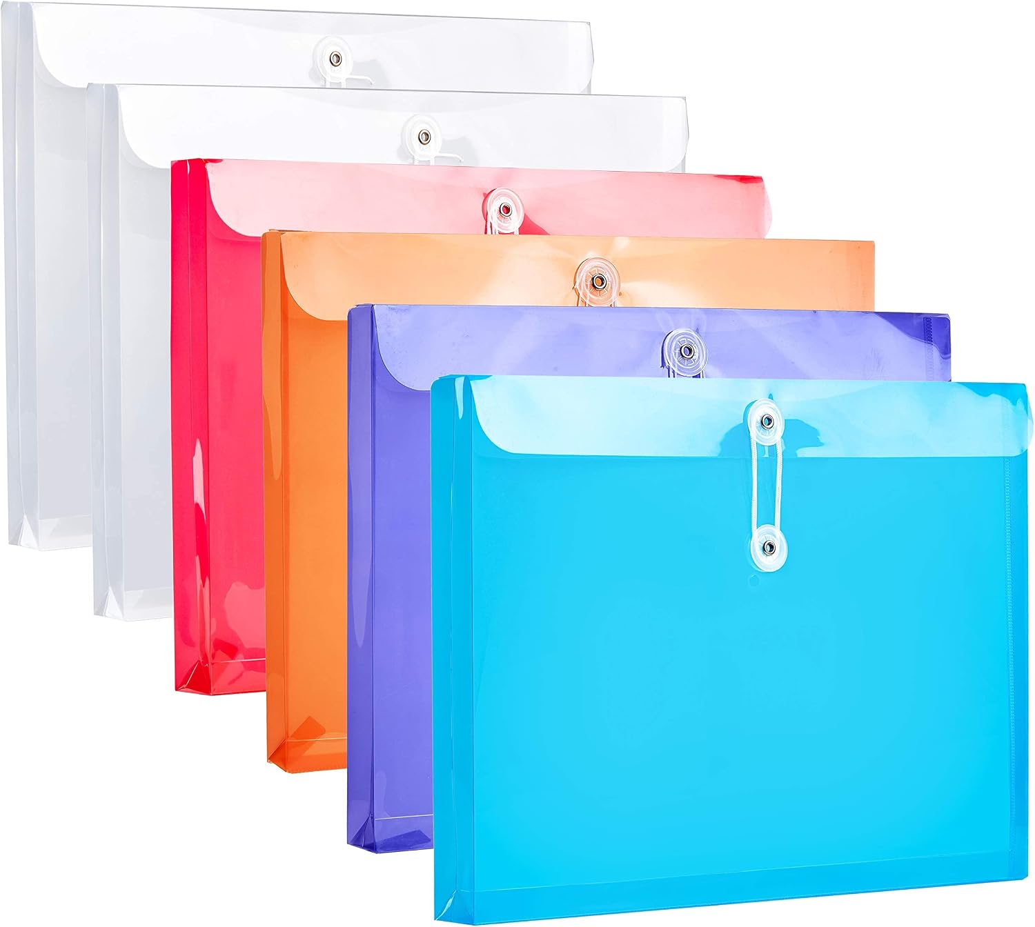 FANWU Plastic Letter Size Envelopes with Button & String Tie Closure, 1-1/6" Expansion, Side Load, Clear Poly Reusable File Folders Project Paper Documents Organizer for Office School Home