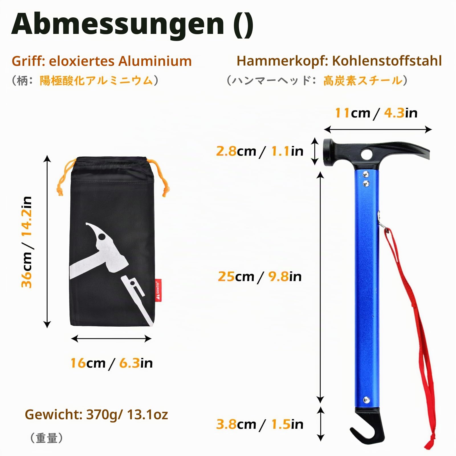 TRIWONDER Campinghammer aus Aluminium, Leicht und Multifunktional mit Haken, Zelthammer für Zelt Heringe Plane (Gold)