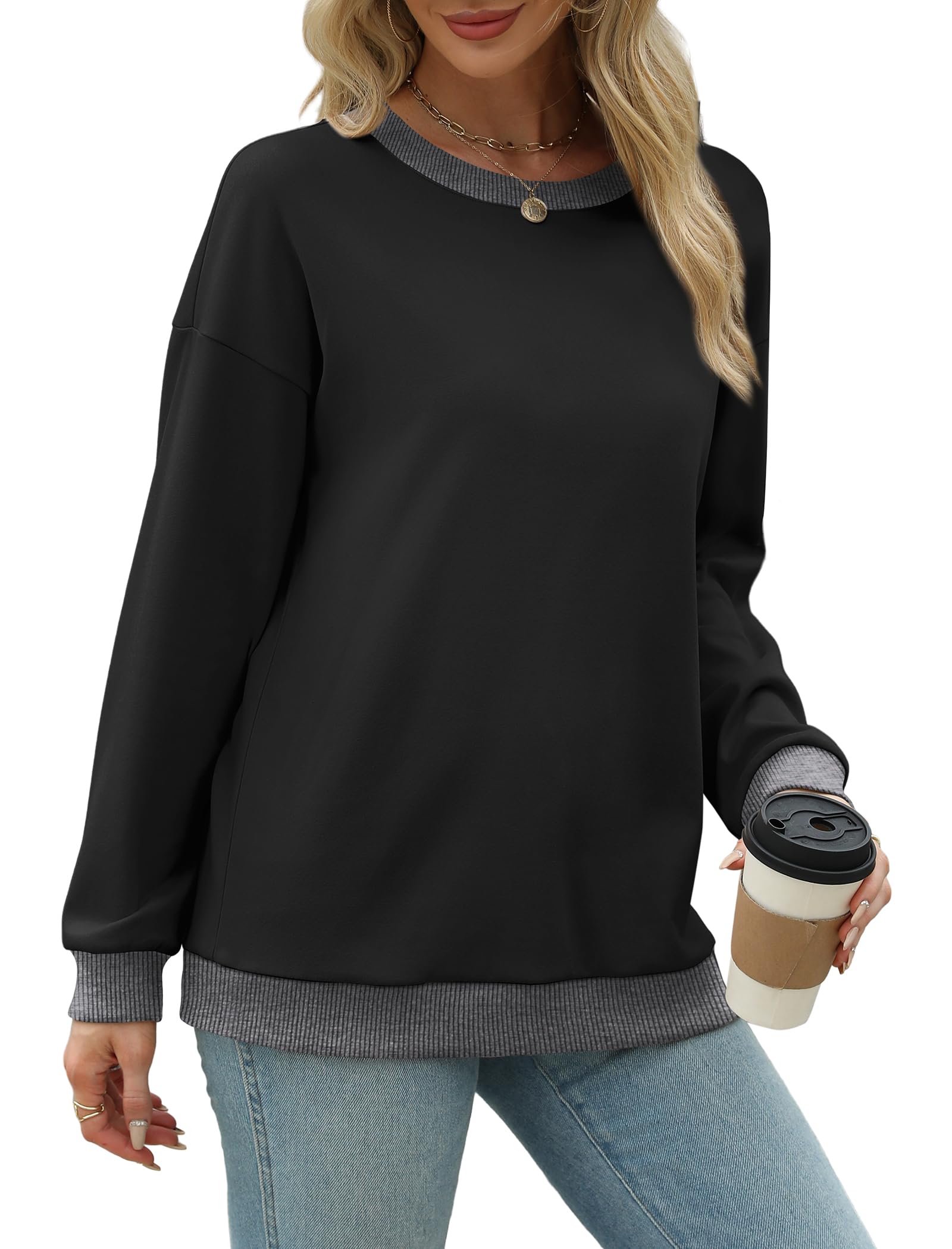 Saloogoe Sweatshirts for Women Crewneck Long Sleeve Loose Fit Tops Color Block Ribbed Trim Fashion 2025