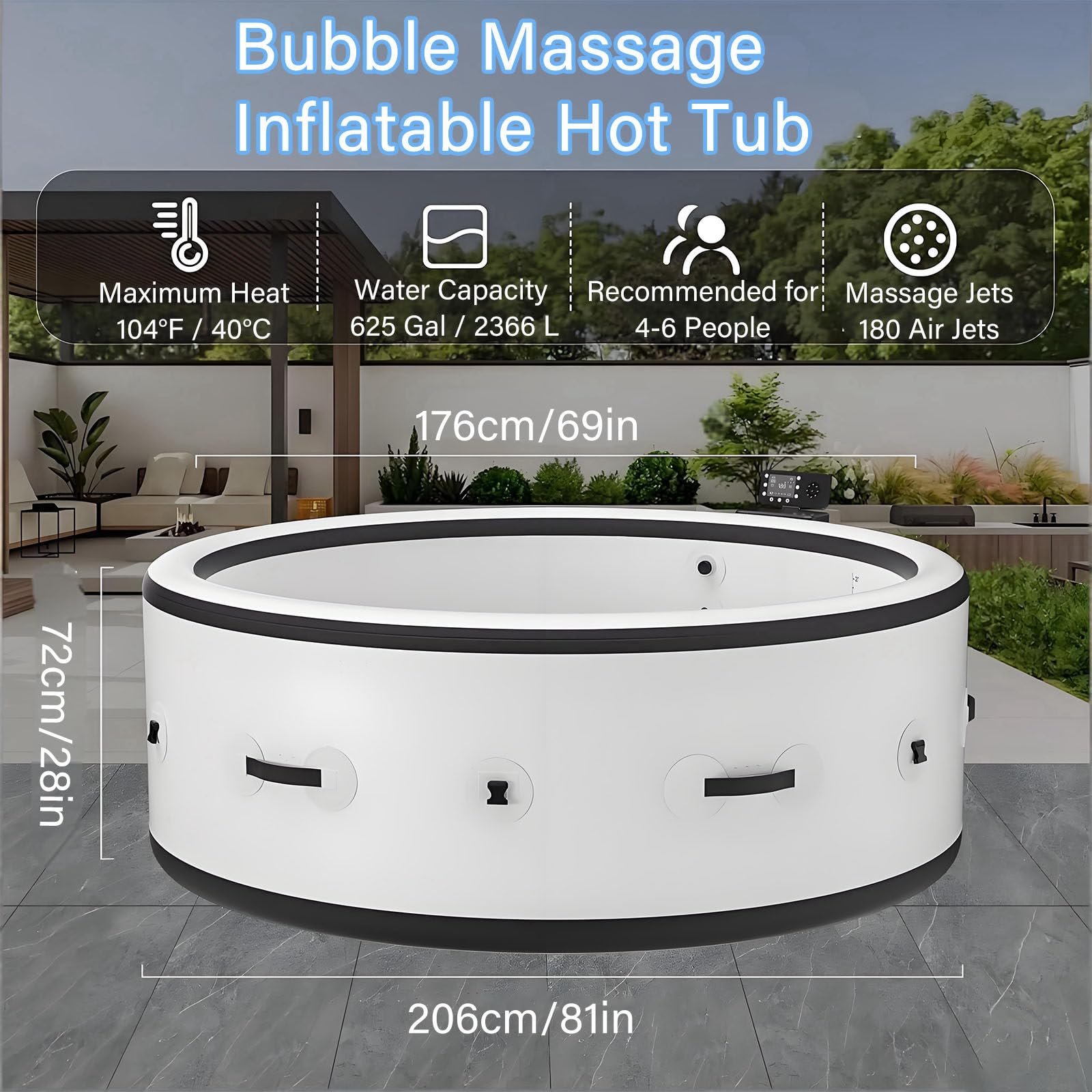 SPA Hinchable,Bañeras de Hidromasaje de Exterior para 2-6 Personas,SPA Portátil con 180 Chorros de Burbujas Relajantes,Cubierta y 2 Filtros Incluidos,para Piscina SPA de Interior y Exterior L