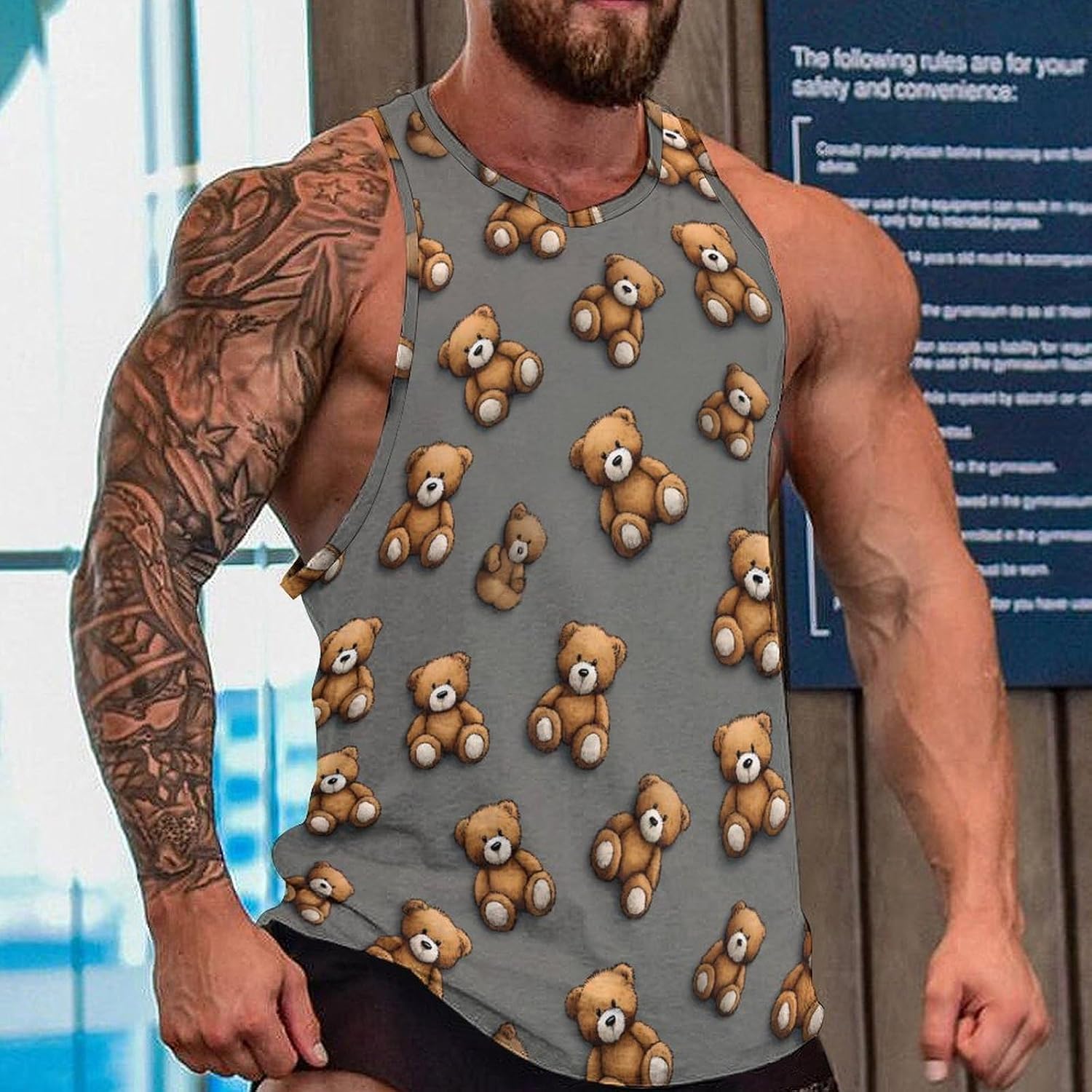 Cute Teddy Bear Men's Tank Tops Sleeveless Muscle T-Shirt | Print,Muscle Shirt,for Athletic Running Gym,Workout Shirts,Tee Shirts