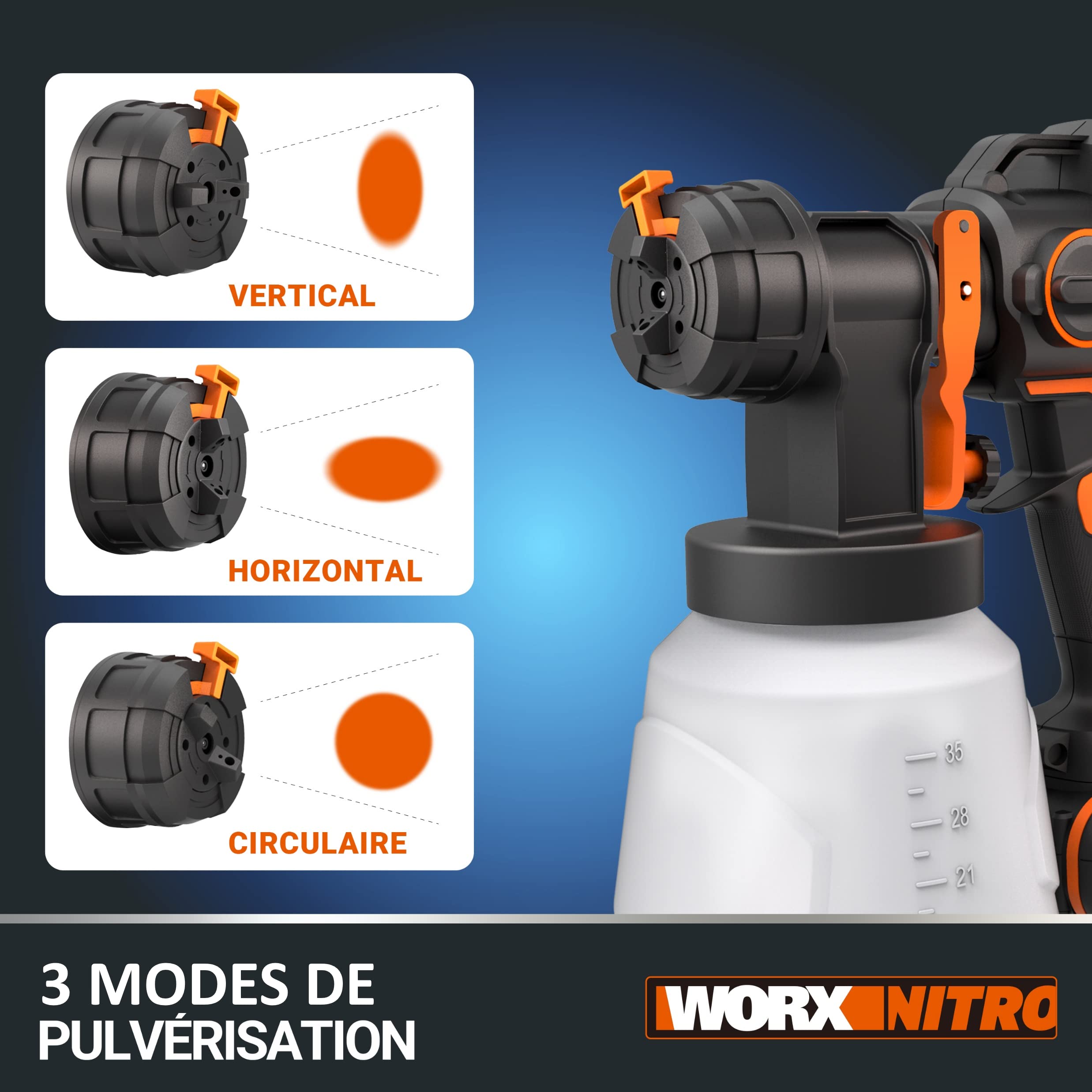 WORX Pistolet à Peinture sans Fil 20V WX020.9 | Puissant moteur sans balais, 3 modes de pulvérisation et 4 buses, nettoyage facile et application uniforme