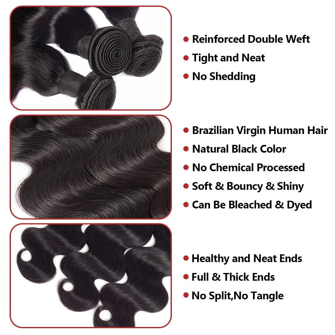 Body Wave Human Hair Bundles - 10A Brazilian Hair Weave Extensions Double Weft for Women