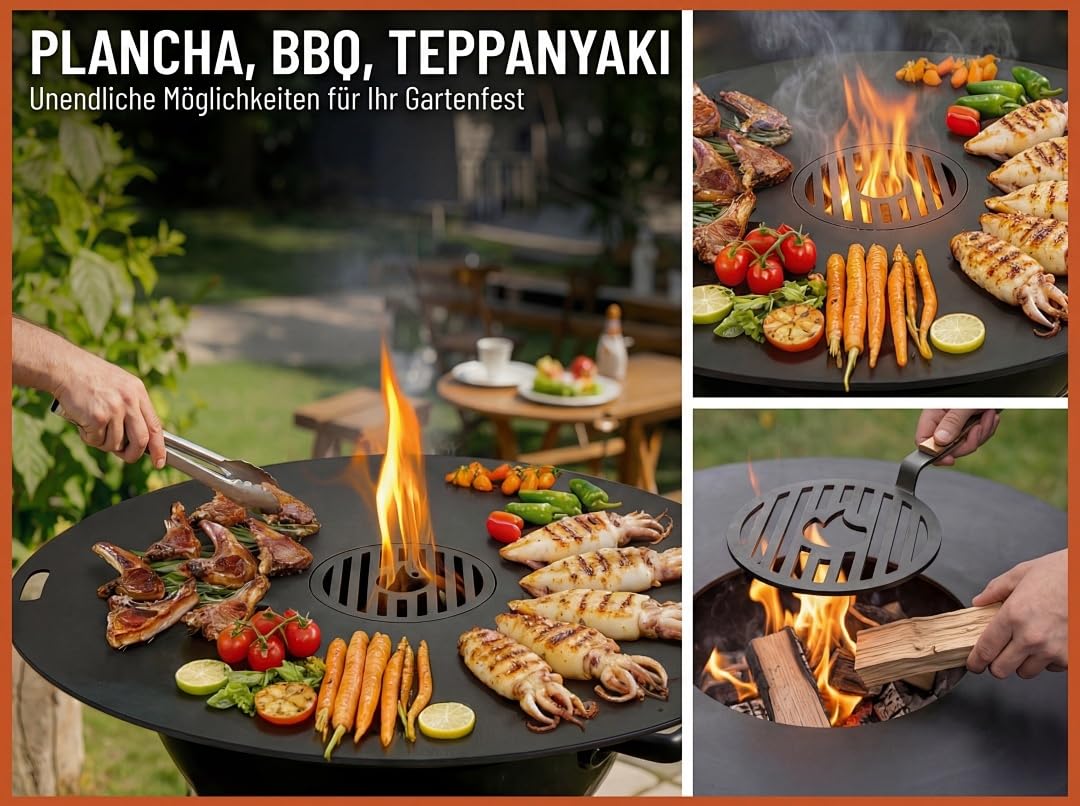 Feuerplatte 80 cm aus Carbonstahl, 5 mm stark, mit herausnehmbarem Grilleinsatz und Hitzeschutzhandschuh, passend für Feuertonne, Feuerschale und Feuerstelle