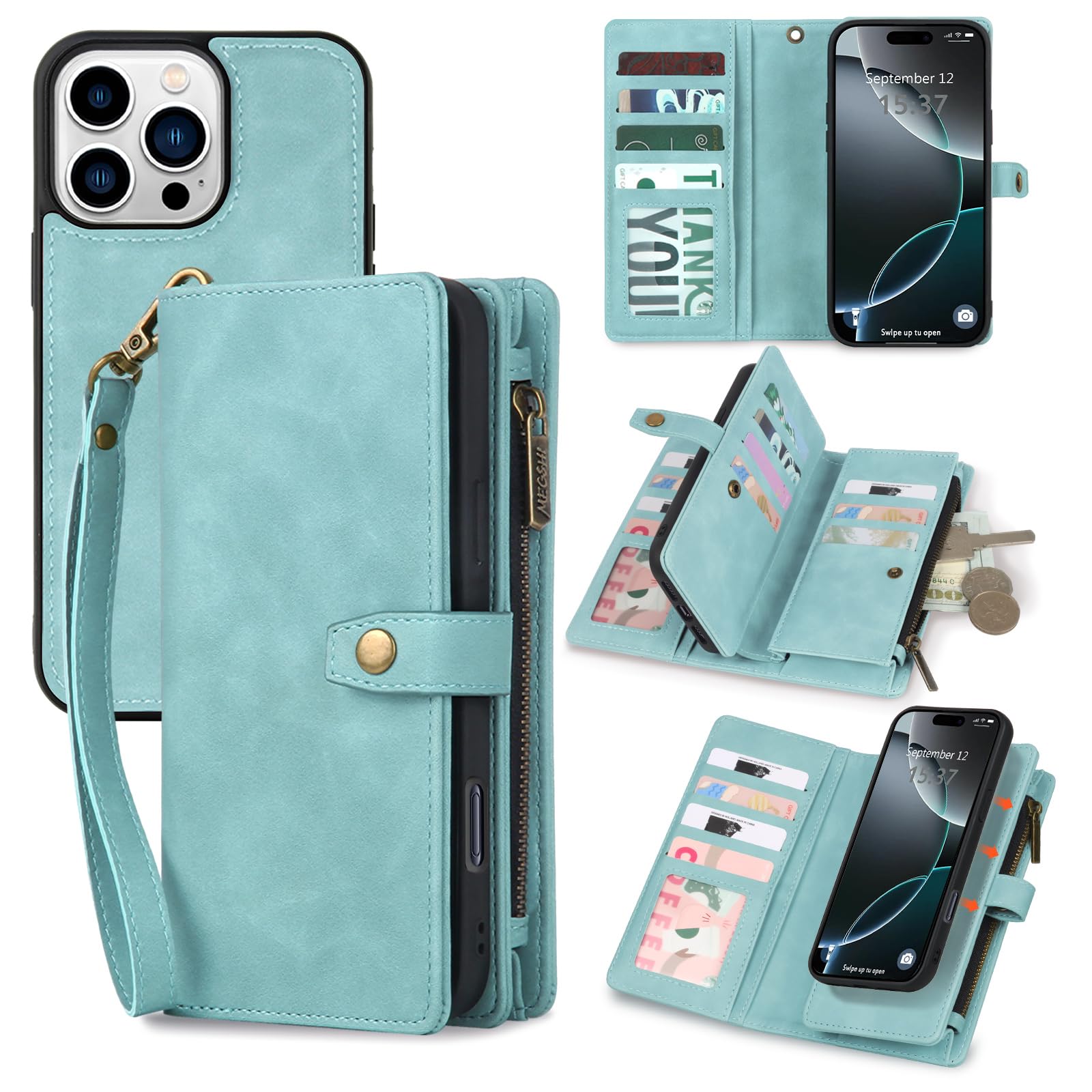 TwoHead Wallet Case Compatible with iPhone 16 Pro Max,Detachable Magnetic Phone Case,PU Leather All-Round Protective Case Wallet with Card Holder/Change Pocket,6.9 in,Blue