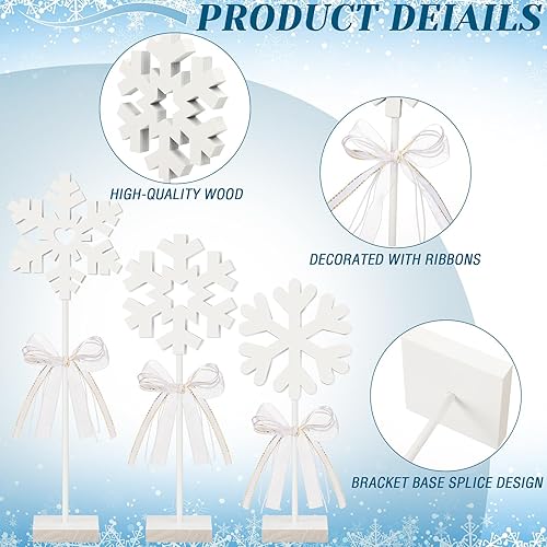 Miniatura 3 de Blulu 3 piezas de decoración de copo de nieve de invierno de pie blanco copos de nieve de madera de pie copos de nieve de Navidad decoración de mesa
