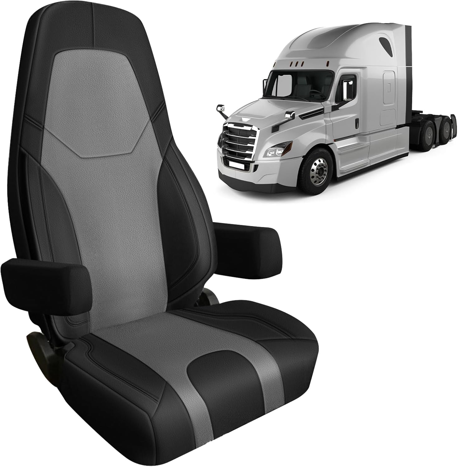 SAPUBK Custom-Fit Front Seat Covers with Back Pocket Replace for 2014-2025 Freightliner Cascadia 33\" High Back, Premium Leather with Back Composite Soft Foam Lining Seat Cover (Black&Gray)