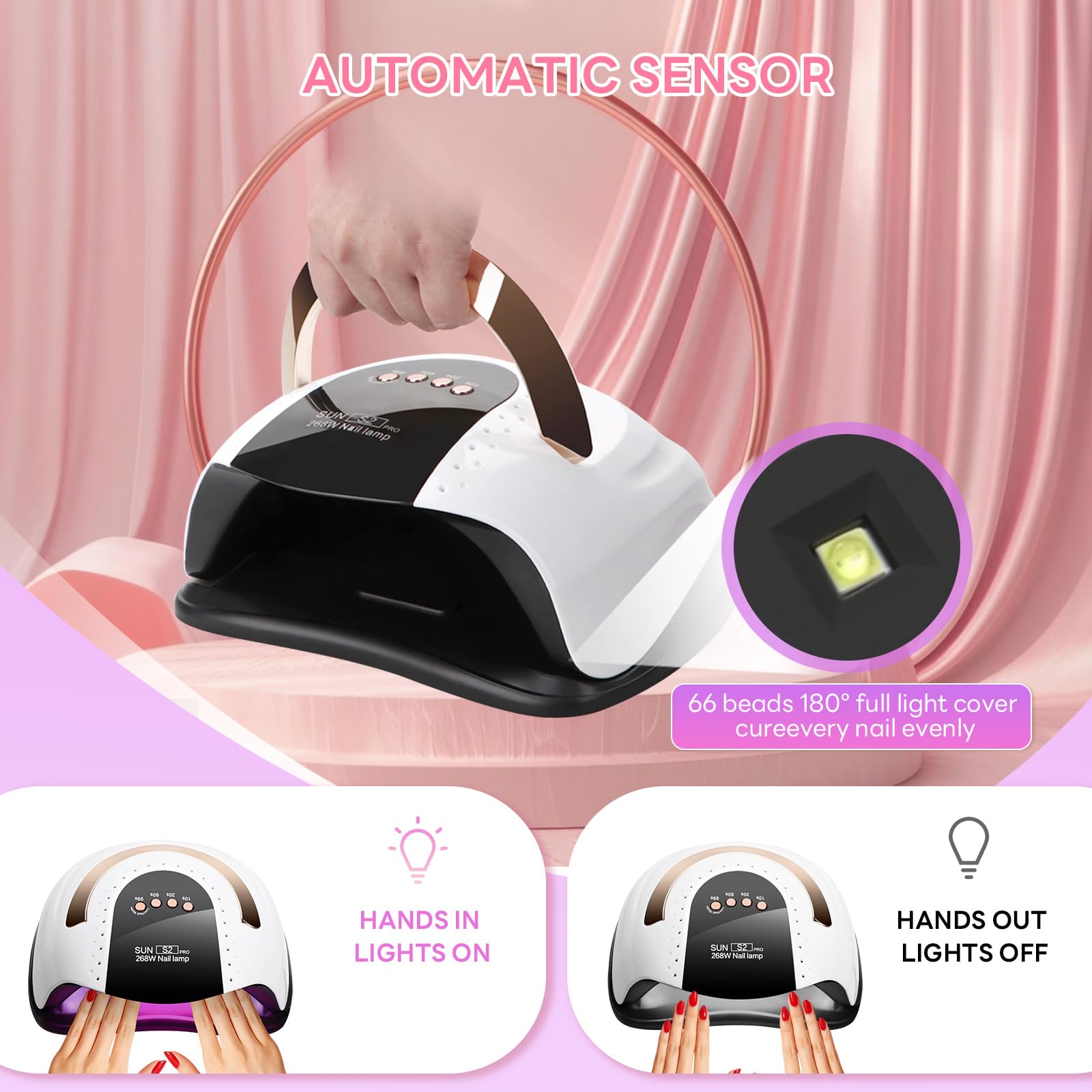 Lampada per Unghie 268W Super Power LED+UV, Asciugaprofessionale Rapido con 57 Perle a Doppia Sorgente Luminosa, Avvio a Induzione & Funzione Timer Automatico