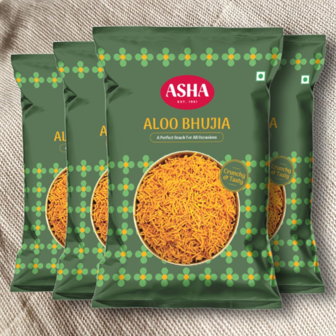 Asha Sweets | 200g(Pack of 4) Aloo Bhujia | Ready To Eat Special Authentic Indian Namkeen For Tea Time | Bhelpuri Snack | Spiced Potato Namkin Combo Pack
