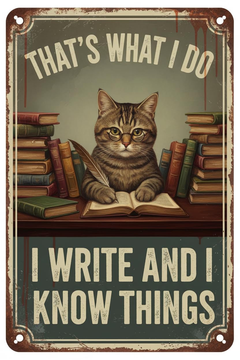 Vintage Cat Sign That's What I Do Write And I Know Things Metal Poster Sign for Home Bar Pub Kitchen Garage Restaurant Wall Deocr 8x12inch