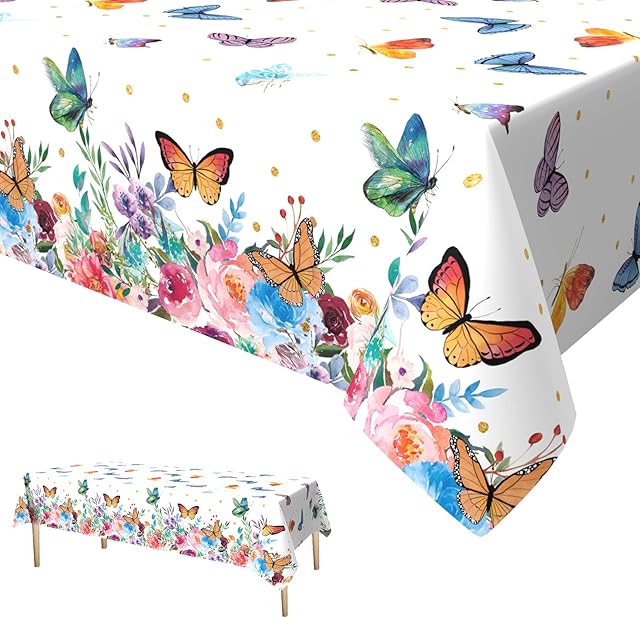 Butterflies Party Tablecloth,Xinvery Flowers Butterflies Fairy Table Covers Plastic Rectangular Tablecloths Butterfly Spring Theme Decoration for Girls Birthday Baby Shower 137 x 274cm