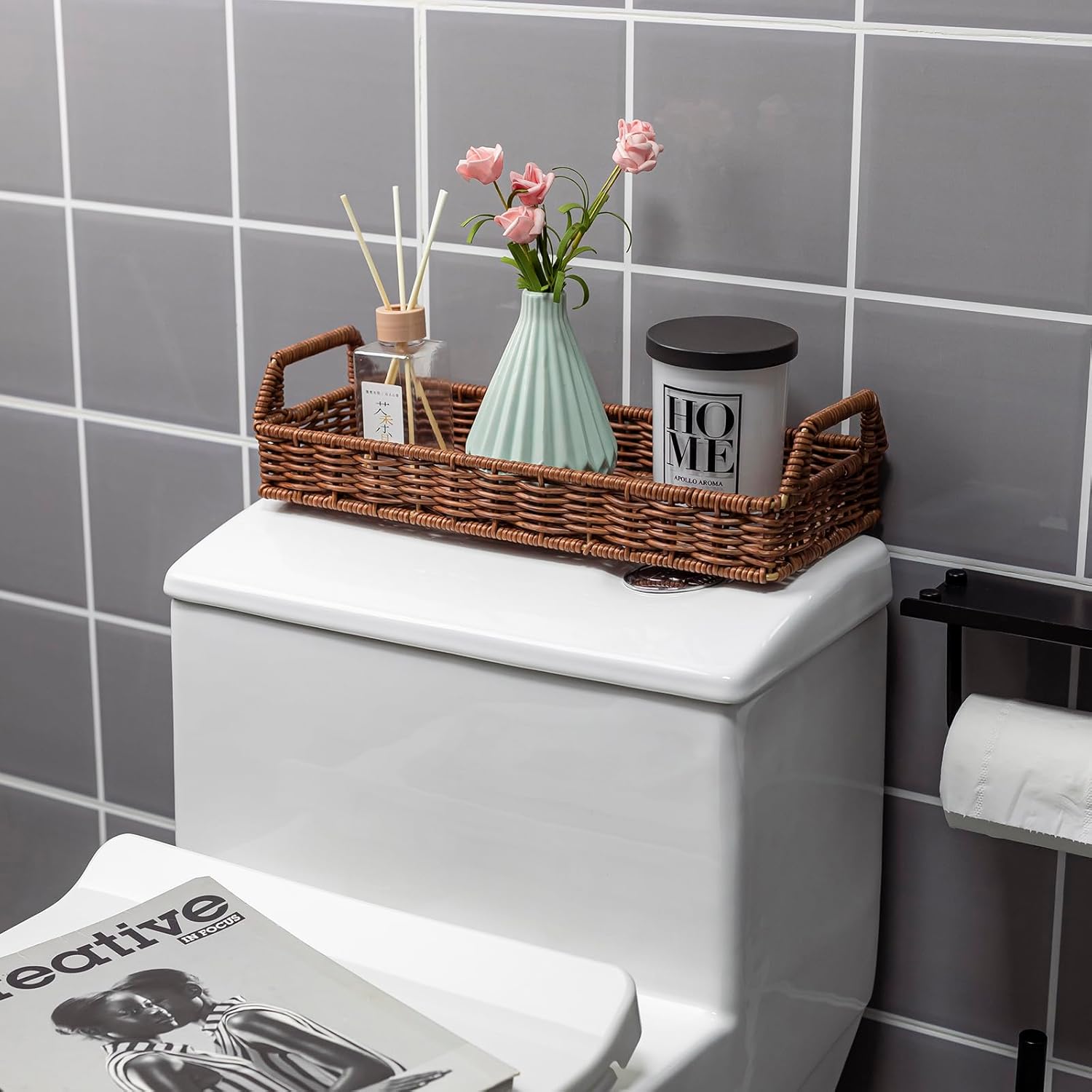 Toilet Tank Tray with Handles - Long Narrow Rattan Style Vanity Tray | Bathroom Sink Organizer, Guest Towel & Napkin Holder, Decorative Storage Basket for Bathroom, Toilet or Guest Room - Image 6