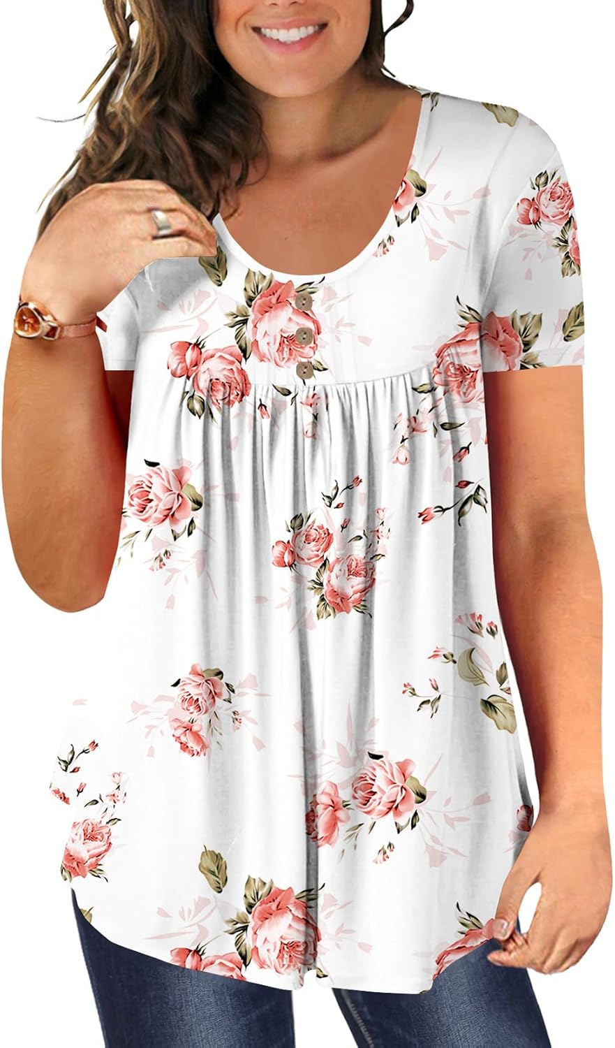 BeadChica Women's Plus Size Tunic Tops Casual Flowy Tshirts Ruched Botton Up Short Sleeve Blouses-Printed-2XL