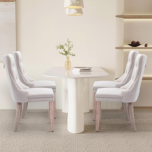 Miniatura 7 de Juego de 4 sillas de comedor tapizadas de terciopelo, sillas laterales de cocina de estilo moderno con ribete de cabeza de clavo y patas de madera,