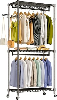 Heavy Duty Rolling Garment Rack, 3 Tiers Wire Shelves Adjustable Freestanding Portable Rolling Clothing Rack with Lockable Wheels, 35.4''L x 15.8''W x 78.8''H, Max Load 420LBS