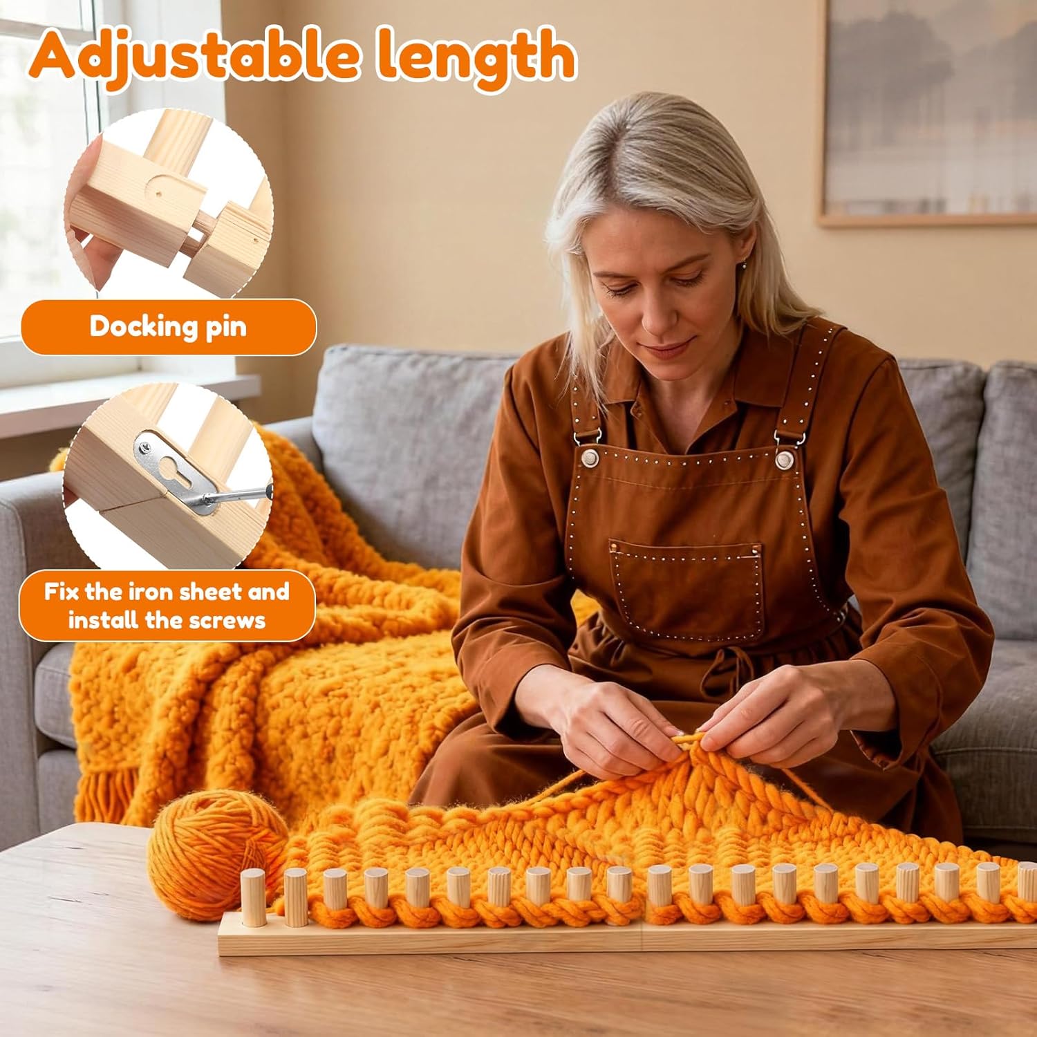 77" Chunky Blanket Loom, Adjustable Long Wood Knitting Loom for Hand Chunky Knit Blanket, Chunky Yarn Loom, Blanket Making kit for Beginners DIY Craft Enthusiasts, No Needles Required