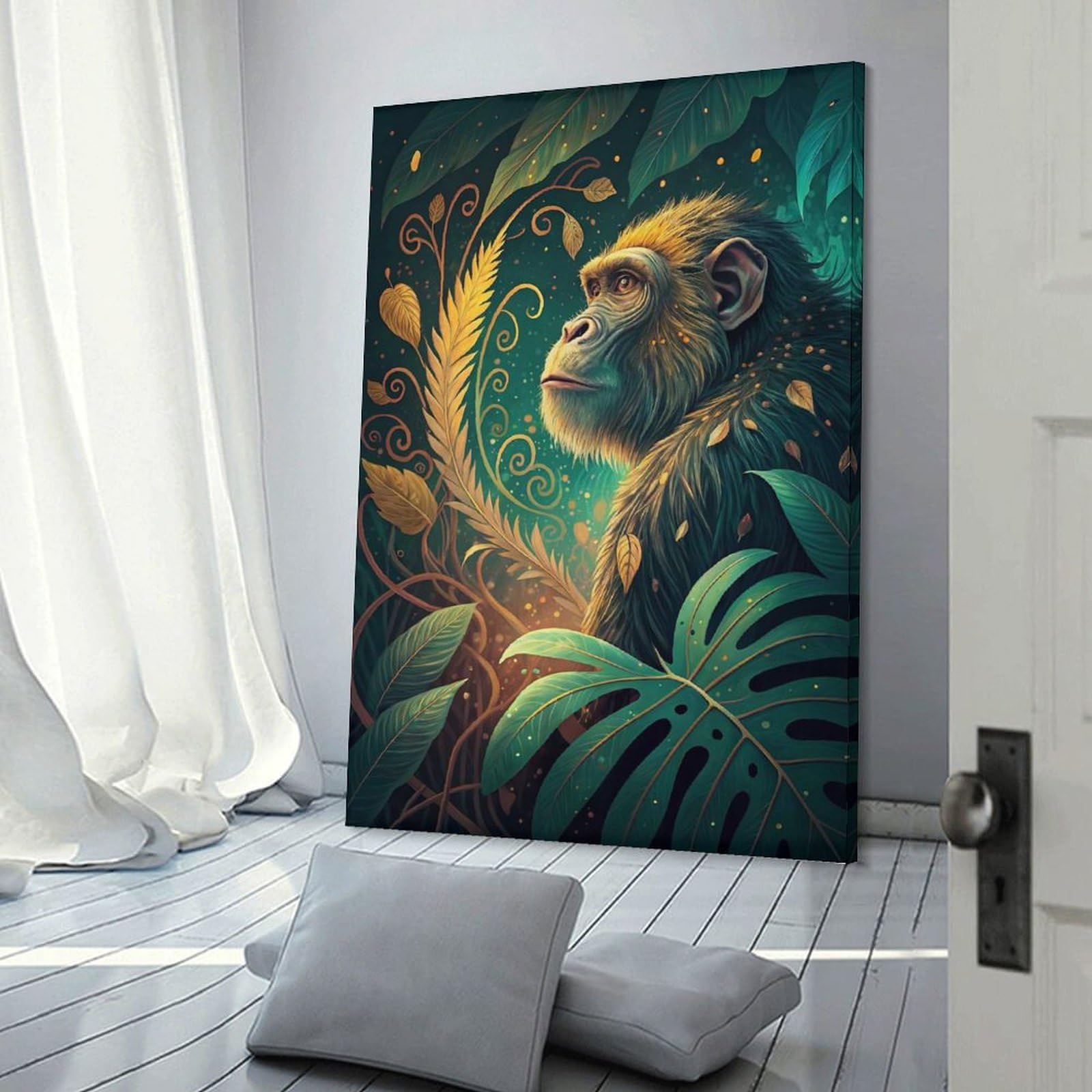 Junmoney Canvas Wall Decor Chimpanzee in Lush Jungle Illustration, 16x24inch(40x60cm), for Restful Interiors, Bedrooms Or Small Rooms, Canvas Wall Decor for Personal Spaces
