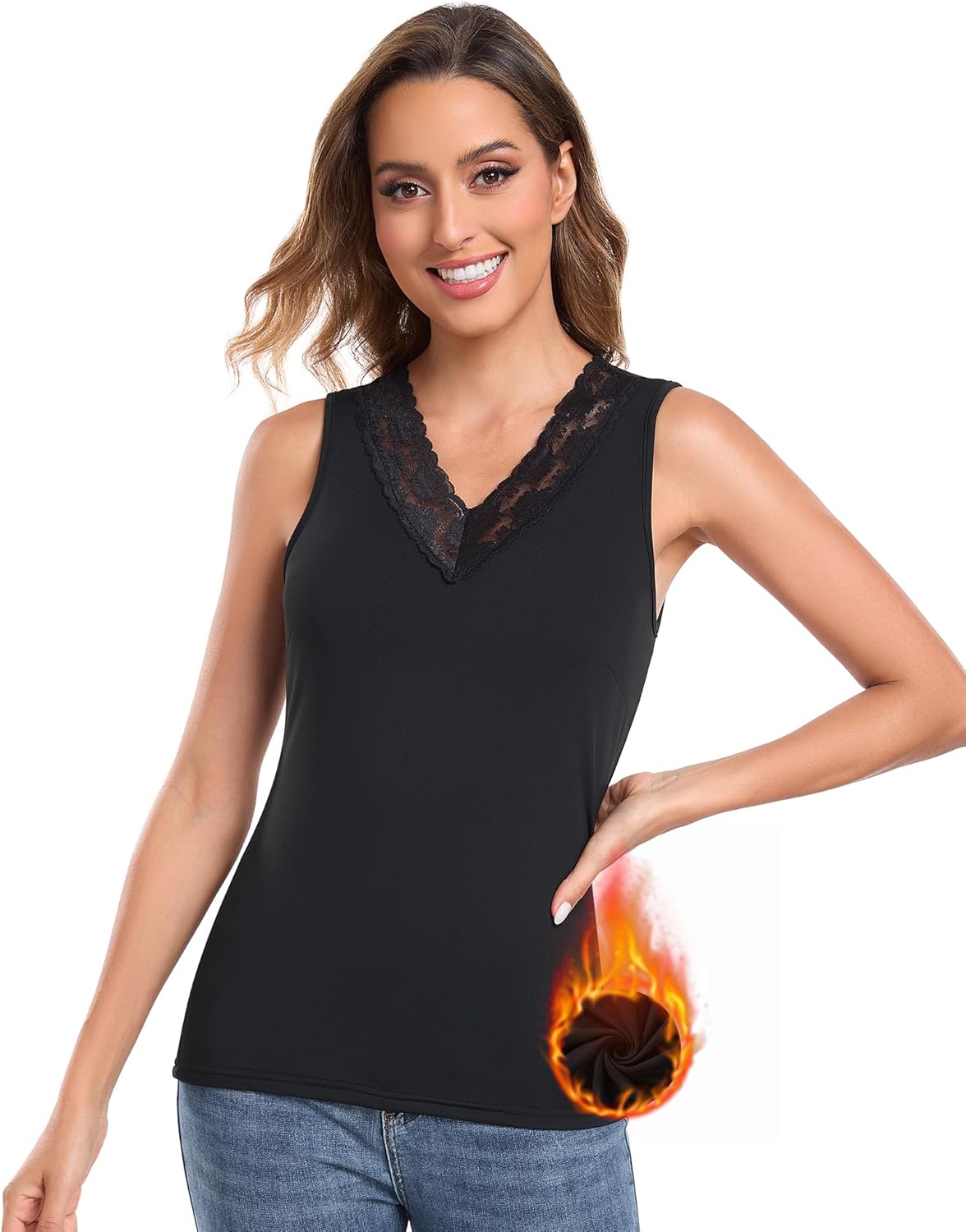 Thermal Tank Top for Women Lace V Neck Fleece Lined Base Layer Sleeveless Undershirts Thermal Underwear Vest for Cold