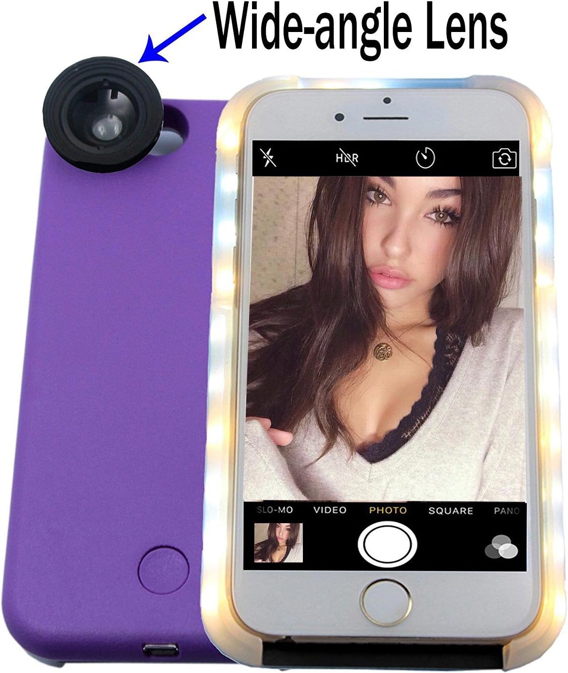 iPhone 6 6s Selfie Light Case [with Wide Angle Lens], iPhone 6/6S led Light Case Best for Selfie and Facetime, Dimmable Fill Illuminated Cell Phone Case by YEYIZU(Case and Lens,Purple)