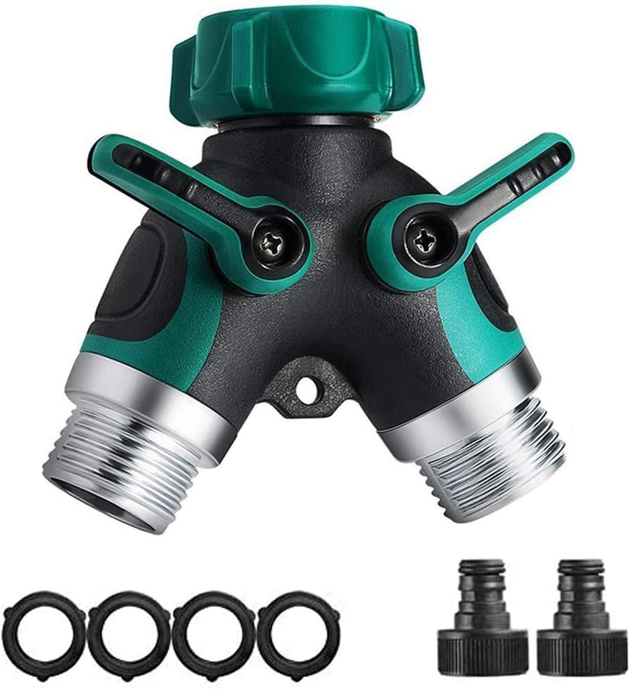 Calish 2 Way Garden Hose Splitter, Outdoor Utility Y Valve Hose Connector, Comfortable Rubberized Grip Faucet Adapter with 2 Connectors and 4 Rubber Washers