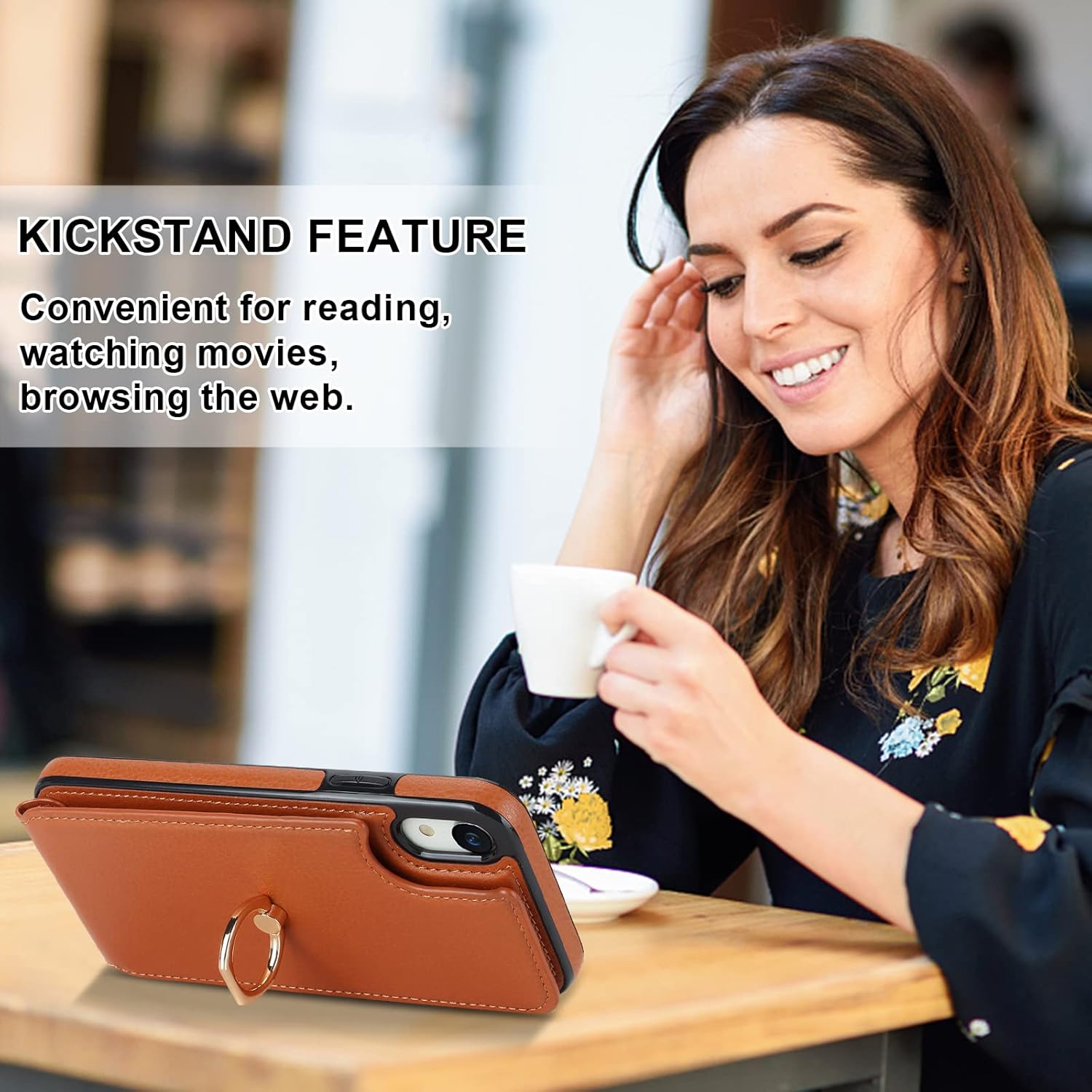 Folosu Compatible with iPhone XR Case Wallet with Card Holder, 360°Rotation Finger Ring Holder Kickstand Protective RFID Blocking PU Leather Double Buttons Flip Shockproof Cover 6.1 Inch Brown