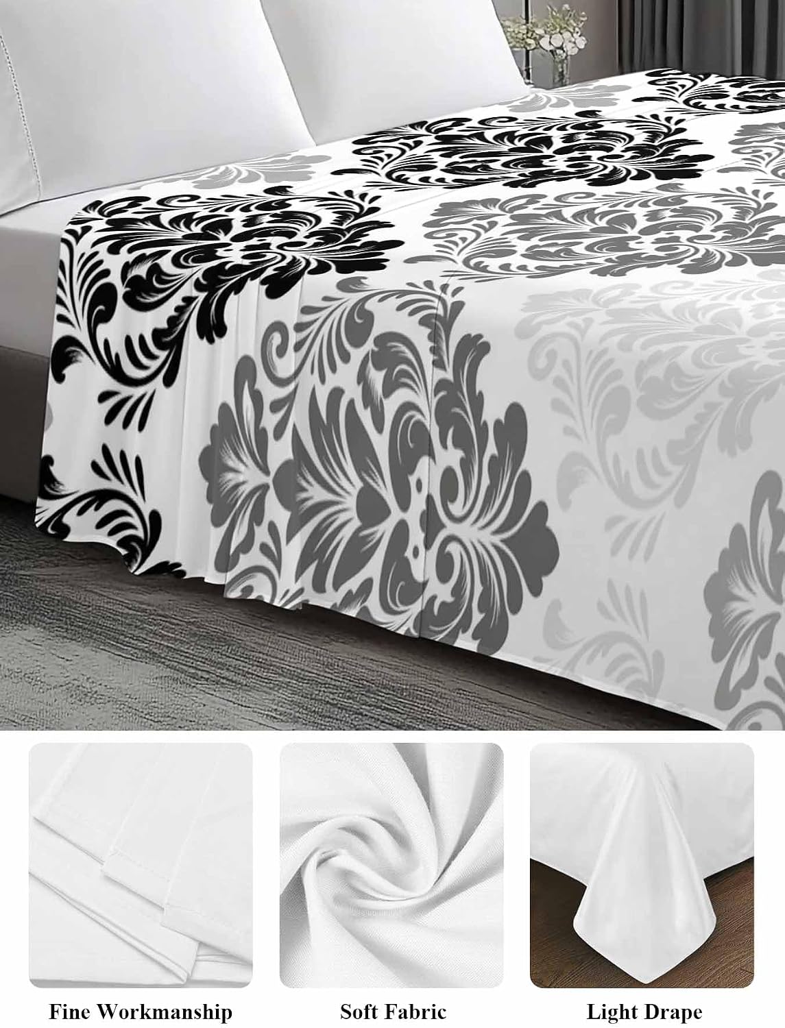 Top Sheet Full Bedding Flat Sheet Only, Vintage Black Gray Floral Art Microfiber Bed Sheets Soft Breathable Bedding Flat Sheets, Mid Century Flower Texture Hotel Luxury Top Sheets