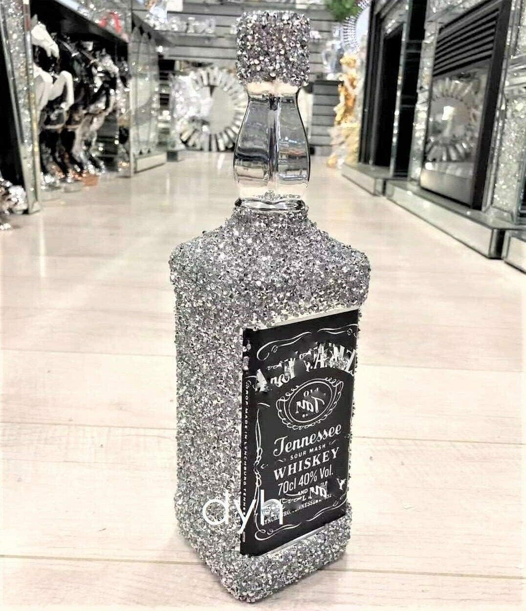 Aidni Silver Luxury Crushed Sparkle Whiskey Bottle Ornament With Diamond Finish, Glittering Figurine And Heart Shelf Sitter, Sparkly Bling Decorative Gift Piece - 18Cm