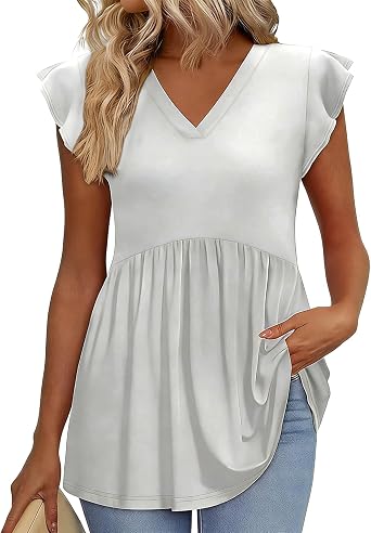 Womens Polka Dot Shirts Summer Casual V Neck Cap Sleeve Ruffled Waist Flowy Tops Lightweight Comfy Boho Blouses