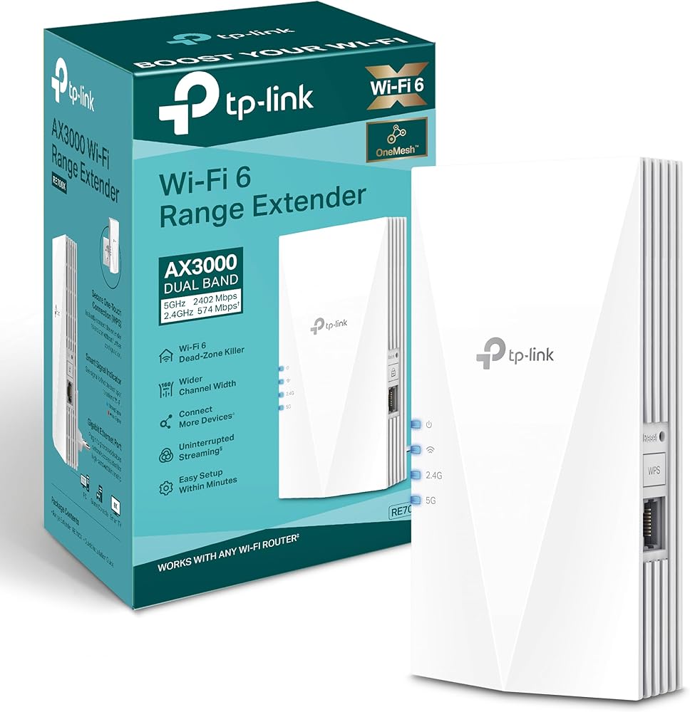 TP-Link RE700X WiFi 6 WiFi Amplifier Repetidor AX3000 (Doble Banda 2402Mbps 5GHz + 574Mbps 2.4GHz), MU-MIMO, Puerto gigabi...