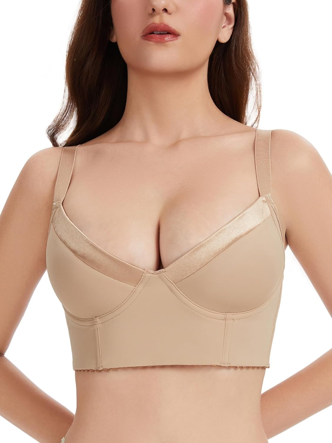 Women Longline Plunge Balconette Bra Lightly Padded Underwire Demi Bras 42DDD Dark Beige - Size Up One Cup