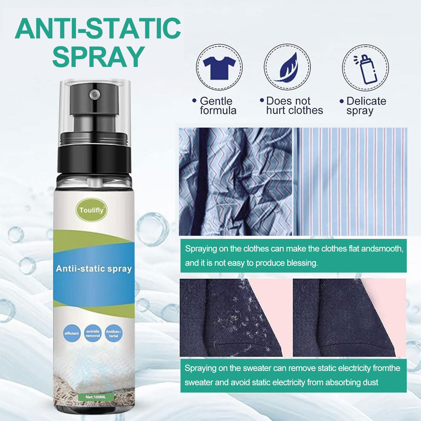 Antystatyczny spray ochronny, antystatyczny spray do ubrań, spray antystatyczny, przenośny, zapobiega statycznemu działaniu na ubraniach, tekstyliach i meblach