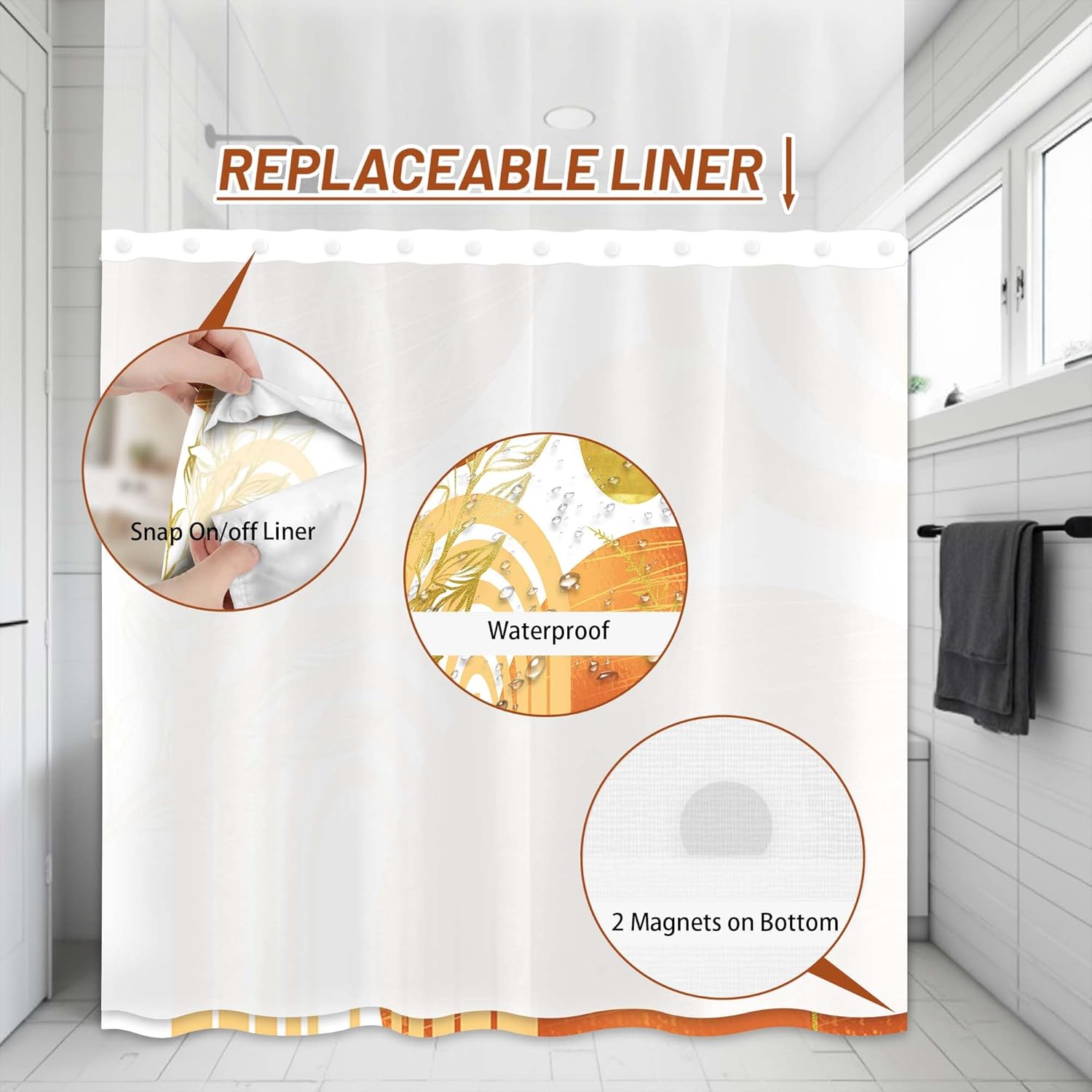 Modern Hookless Shower Curtain with Snap in Liner, Boho Orange and White Grey No Hook Shower Curtain and Liner Set, Ringless with Window Waterproof Cloth Fabric, 71" W X 74" L
