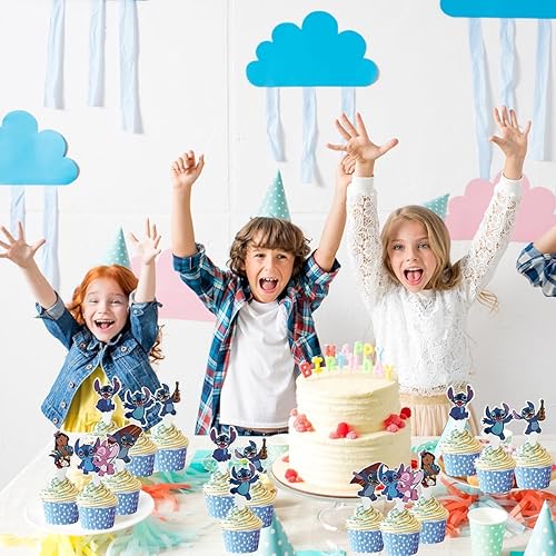 Miniatura 4 de 48 piezas de puntada para cupcakes, suministros para fiestas de cumpleaños, decoración de pasteles para fiestas temáticas de Lilo (puntada)